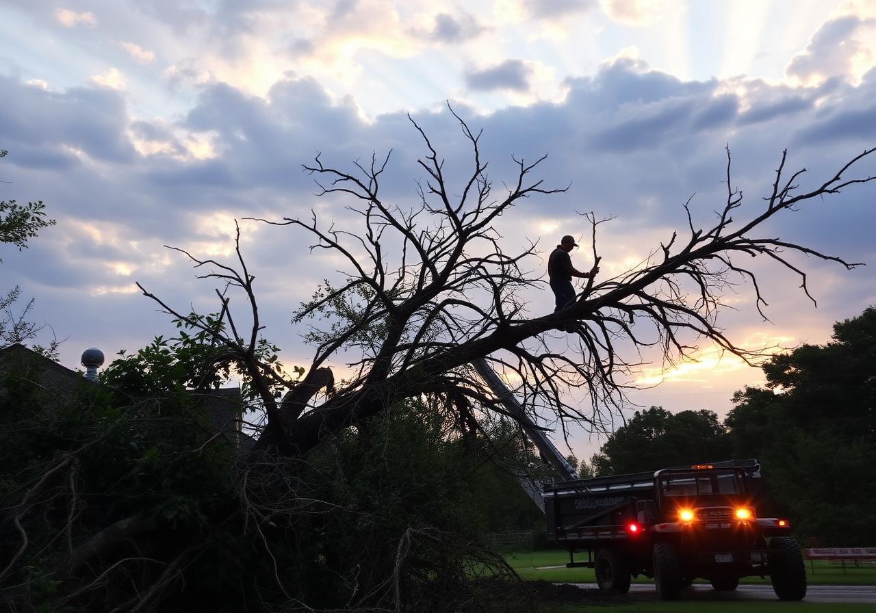 Storm-damaged tree being cleared